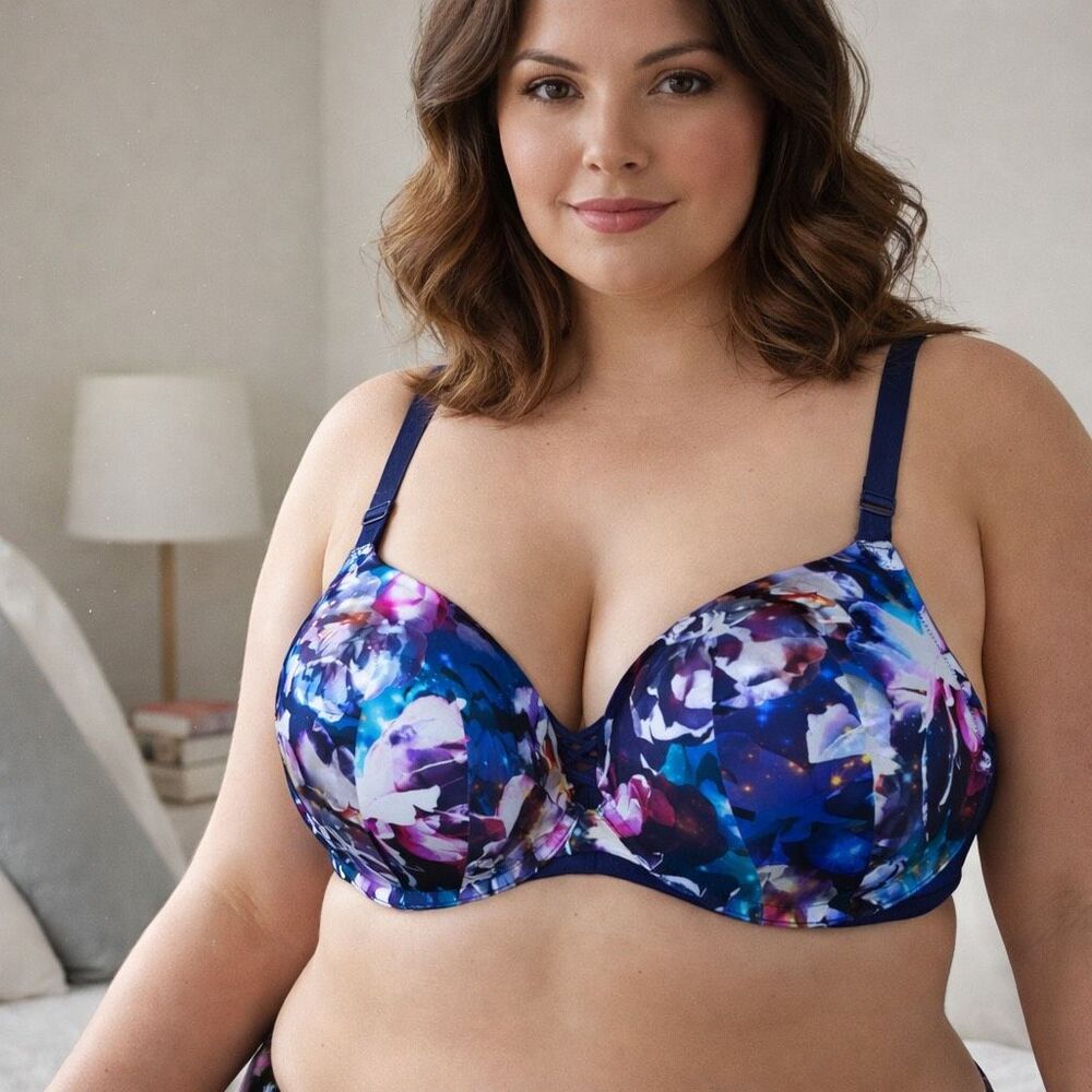 Torrid Floral Underwire Bra 44DD Blue Pink Criss Cross Front Supportive Plus Siz